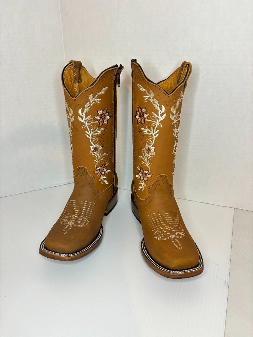 Women Boots Made w Genuine Leather Light Brown w White & Beige Floral Embroidery
